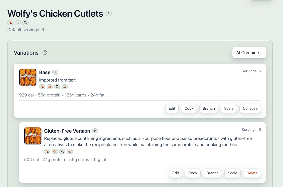 A recipe family beginning with original and gluten-free versions.