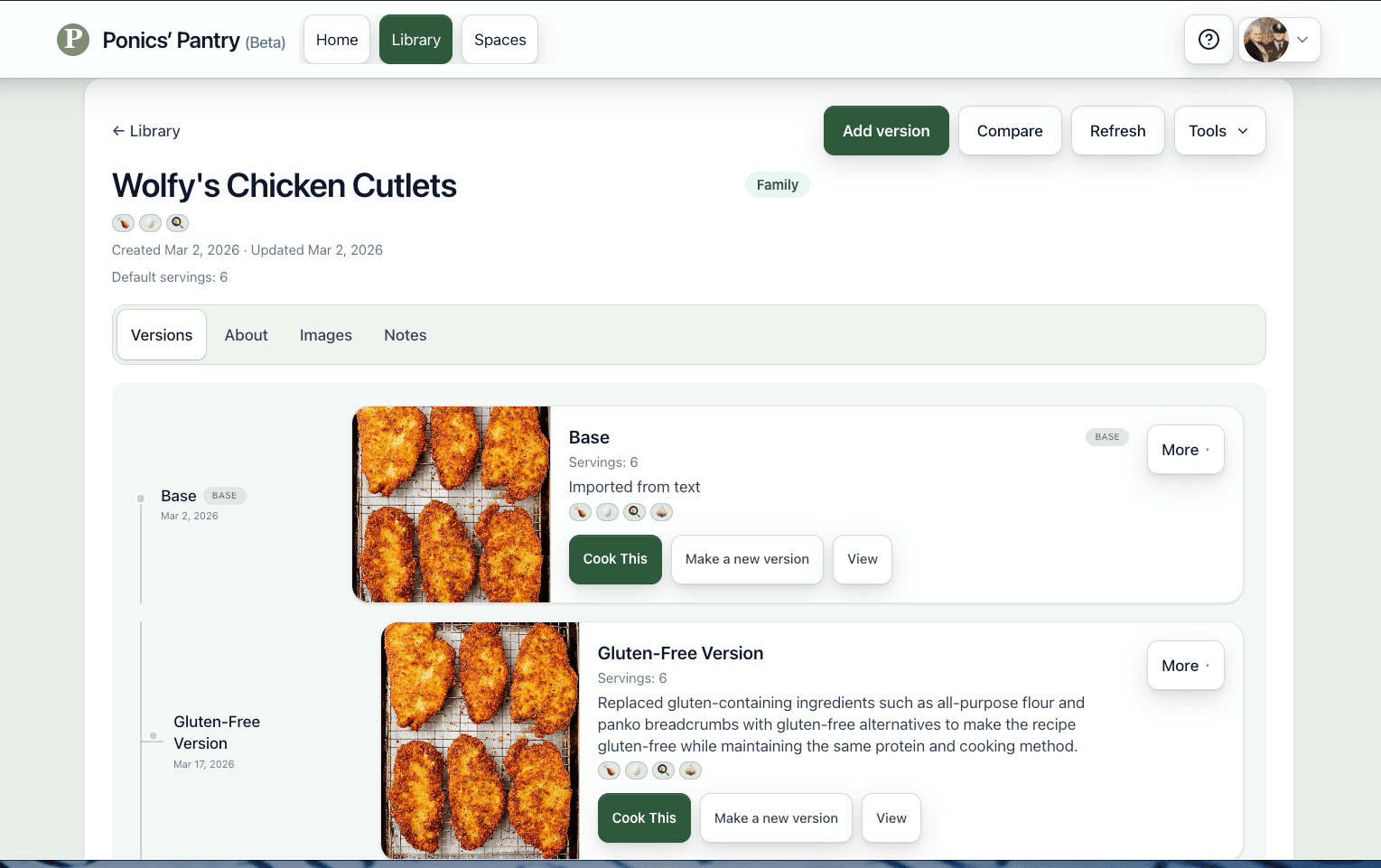Recipe family and versions in Ponics’ Pantry